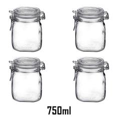 4 Potes quadrado de vidro com tampa 750ml Fido Rocco Bormioli hermético transparente
