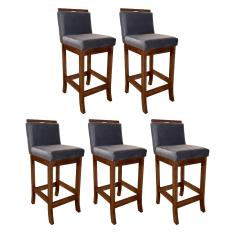 Kit 5 Banquetas Média Estofada para Bancada Gourmet 38 x 92Cm Turim Madeira Maciça Suede Cinza CCS