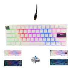 ONE-UP Teclado portátil 60% mecânico para jogos, retroiluminado, compacto, 61 teclas, mini teclado de escritório com fio com interruptor azul PBT para Windows, laptop, PC, Mac. (branco/preto)