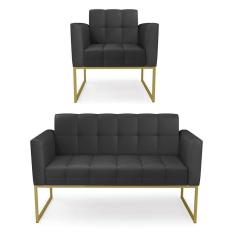 Kit 1 Sofá Namoradeira E 1 Poltrona Elisa Corino Preto Base Metálica Industrial Dourado - D`rossi