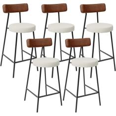 Kit 05 Banquetas Baixa Cozinha Sala Jantar Milão L02 Couríssimo Marrom Linho Champagne - Lyam Decor