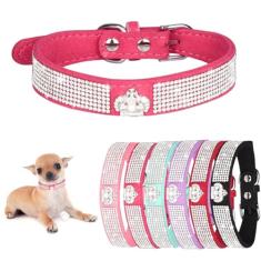 Coleira de cachorro pequena para fêmeas, coleiras para filhotes, meninas, strass fofo, deslumbrante, brilhante, lindo diamante de cristal brilhante para PPP XS pequeno, médio e grande, rosa choque PP