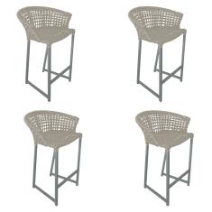 Kit 4 Banquetas Reis em Corda Náutica e Base em Alumínio Cinza para Área Gourmet - Externa Areia