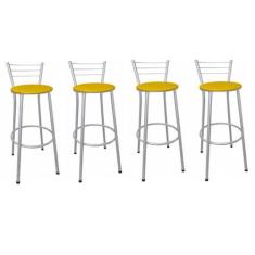 Kit 4 Banquetas Médias Prata com Encosto Assento Amarelo - Fortmix