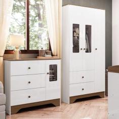 Quarto Infantil com Guarda Roupa e Cômoda com Janelas Retângulo 100% MDF Cocada Branco Brilho/Carvalho