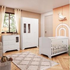 Quarto de Bebê Berço Americano Guarda Roupa e Cômoda com Janelas Retângulo 100% MDF Ayla Branco Brilho