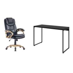conjunto de mesa studio 120 cm com cadeira de escritório presidente giratória com relax clark preta e dourada