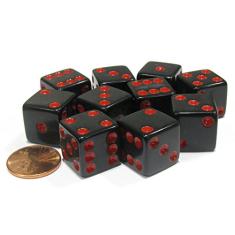 Set of 10 Six Sided Square Opaque 16mm D6 Dice - Black with Red Pip Die by Koplow Games
