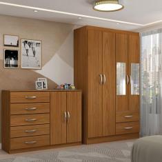 Guarda-Roupa Solteiro Mason 4 Portas 2 Gavetas e Espelho com Cômoda 2 