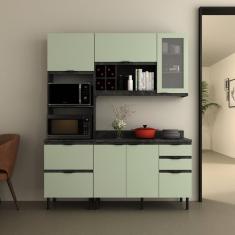 Cozinha Compacta Begônia 180 Cm 3 Peças, 6 Portas e 4 Gavetas com Divisor de Talheres e Tampo Cz1203 Mármore Lunar/Verde Mar