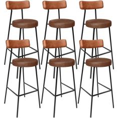 Kit 06 Banquetas Alta Milão L02 Assento em Linho Base em Aço Encosto Fixo 100 cm Marrom