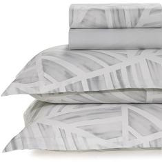 Jogo de Lençol King Karsten Percal 200 Fios 100% Algodão Estampado Cama Dobra Feita 4 Peças (Moura - Geométrico Cinza)
