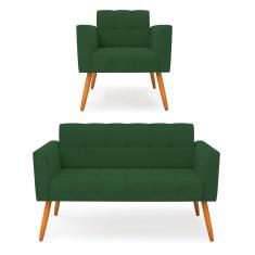 Kit 1 Sofá Namoradeira e 1 Poltrona Elisa Veludo Verde Pés Palito Castanho - D`Rossi