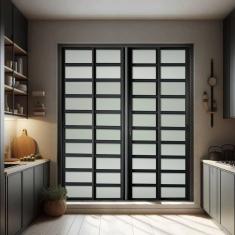 Porta de Correr com Travessas 4 Folhas Moveis 210 X 240 Elite com Fechadura Tetra Vidro Liso Preto