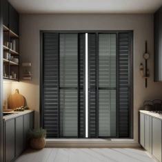 Porta de Correr Venez. 6 Folhas Moveis 210 X 240 Elite com Fechadura Tetra Vidro Liso Preto