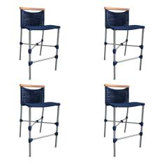 Kit 4 Banquetas Anne em Corda Náutica Base em Alumínio Cinza com Detalhe em Madeira Azul Marinho