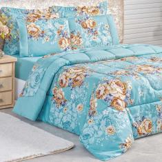 Kit Edredom Diamond Queen Dupla Face Micro Percal 200 Fios 3 Peças - Azul Turquesa Florido