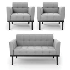 Sofá Namoradeira E 2 Poltronas Base De Madeira Preto Elisa Suede Cinza D03 - D'rossi