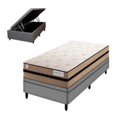 Cama Box Solteiro com Baú Cinza e Colchão Smart Milano Plumatex