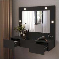 Penteadeira Camarim Suspensa LED 3 Gavetas 95x120 Preto Acetinado Sofi