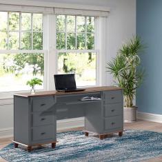 Escrivaninha 6 Gavetas Suporte de Teclado e Divisor de Ambiente 50606 Linz Móveis - Cinza/Imbuia