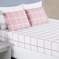 Jogo De Lençol Minimalista Casal Queen 3 Peças Percal 200 Fios Quadriculado - Rosa