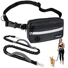 PetAmi Coleira para cães mãos livres, correia para corrida de cães para passear, correr, bolsa com zíper para cintura de cachorro com dispensador de saco de cocô, alças duplas acolchoadas, coleira elástica durável refletiva, única
