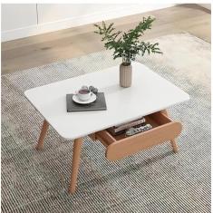 Mesa de centro de madeira maciça, mesa de centro moderna com mesa aberta e gaveta de armazenamento, mesa central prática para sala de estar, recepção, escritório em casa