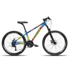 Bicicleta aro 26 Freeride PRO X Mandrake Hiten 21 Velocidades Freio a Disco Aros Vmaxx Azul Adesivo Amarelo e Vermelho