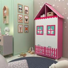Guarda Roupa Roupeiro Infantil Casinha 2 Portas Com Pés Rosa com Branc