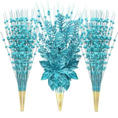 Pacote com 24 enfeites artificiais de caule de frutas silvestres de 43 cm, decorações de palitos de Natal falsos com flores de poinsétia, palitos de contas para decoração de vaso pequeno de casamento