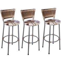 Kit 3 Banquetas Altas Prata com Encosto Junco Capuccino Assento Floral Marrom