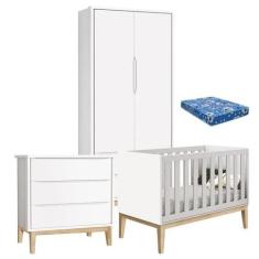 Quarto De Bebê Classic 2 Portas Com Colchão E Cômoda Gaveteiro Branco 