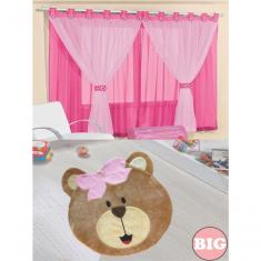 Kit Decoração P/ Quarto De Menina = Cortina Malha Juvenil + Tapete Pelucia Big Ursinha - Pink