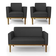 Sofá Namoradeira Com 2 Poltronas Base De Madeira Fixa Castanho Marisa Corino Preto D03 - D?rossi