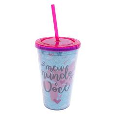 Copo Azul Com Canudo Meu Mundo É Você 450ml - Projeto Kiwi