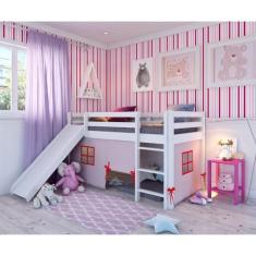Cama Alta Kids com Escorregador e Tenda em Madeira Maciça/mdf Branco/rosa