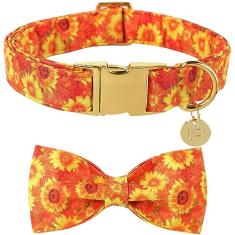 UP URARA PUP Coleira de cachorro de outono com gravata borboleta e flor, gravata borboleta de algodão e coleira de cachorro de flor para meninos ou meninas, coleira fofa e confortável para animais de estimação com fivela de metal