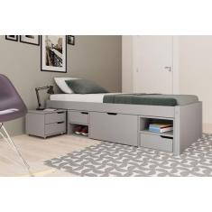 Cama Solteiro Madeira Maciça com 3 Gavetas e 1 Mesa de Cabeceira Charm