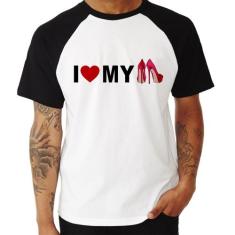 Camiseta Raglan I Love My Shoes - Foca na Moda, Branco, Preto, M