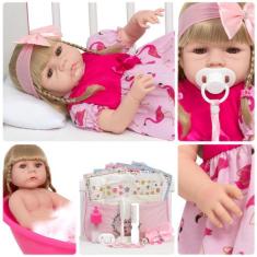 Bebê Boneca Reborn Loira Vestido Flamingo Rosa 20 Acessórios - Cegonha
