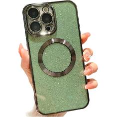 wahhle Capa de celular projetada para iPhone 14 com glitter magnético, revestimento luxuoso, linda capa de telefone brilhante, compatível com Magsafe para mulheres e meninas com protetor de câmera