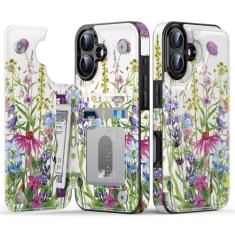 Goodon Capa carteira para iPhone 16 - Capa flip de couro com design floral moderno, 3 compartimentos para cartão e função de suporte, capa protetora elegante para mulheres e meninas - Flores