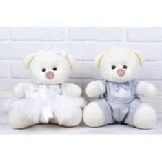 Ursos de Pelucia Casal Tedde - Pajem Cinza, Daminha Branca 15 cm (Pajem Cinza, Daminha Branca, padrão - Pelúcia Palha)