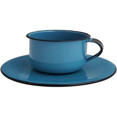 Caneca Esmaltada Xícara Com Pires Para Chá Café 180ml Azul