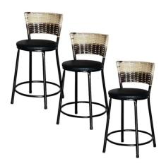 Jogo 3 Banqueta Baixa Ratan Hawai Preta Cappuccino Premium - Lamar Des