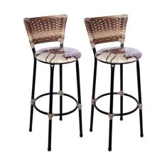 Kit 2 Banquetas Altas Preta com Encosto Junco Capuccino Assento Floral