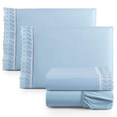 Jogo De Lençol King 4 Pçs Basic Percal 180 Fios Lese Bordado Inglês - Azul
