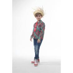 Camisa Infantil Xadrez Vermelho Festa Junina Gravata +Chapéu