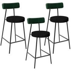 Kit 03 Banquetas Baixa Bar Cozinha E Sala De Jantar Milão L02 Facto Verde Linho Chumbo - Lyam Decor